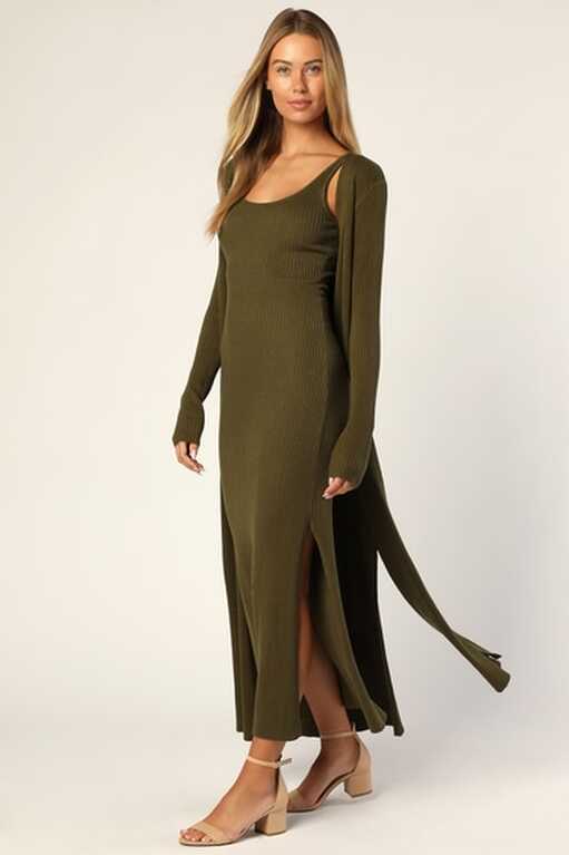 Olive Sweater Dress - Cardi &amp; Dress Set - Cardigan Dress - Lulus