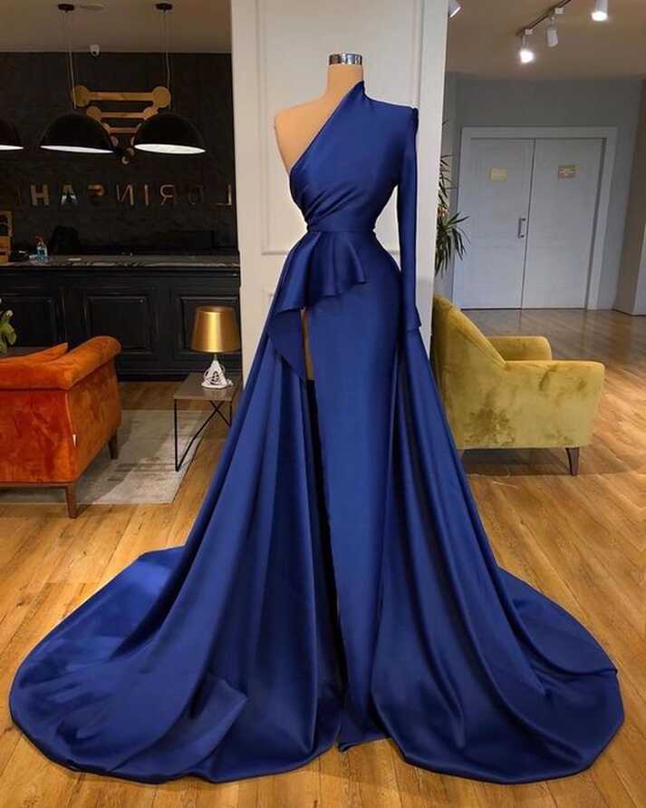 One Shoulder A Line Prom Dresses Long Sleeve Satin Elegant Simple ...