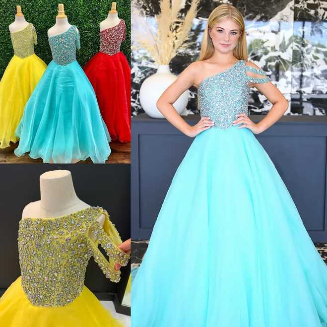 One Shoulder Ballgown Girl Pageant Dress 2024 Crystals AB Stones ...