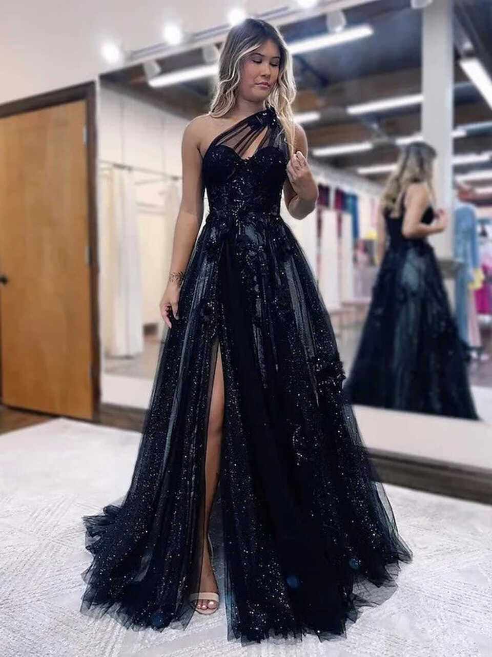 One Shoulder Black Lace Prom Dresses, One Shoulder Black Lace ...