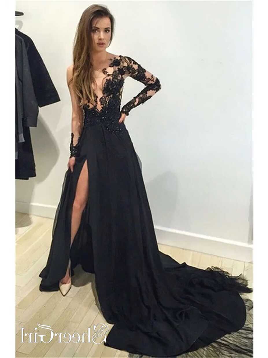 One Shoulder Black Prom Dresses Lace Applique Beaded Long Sleeve ...