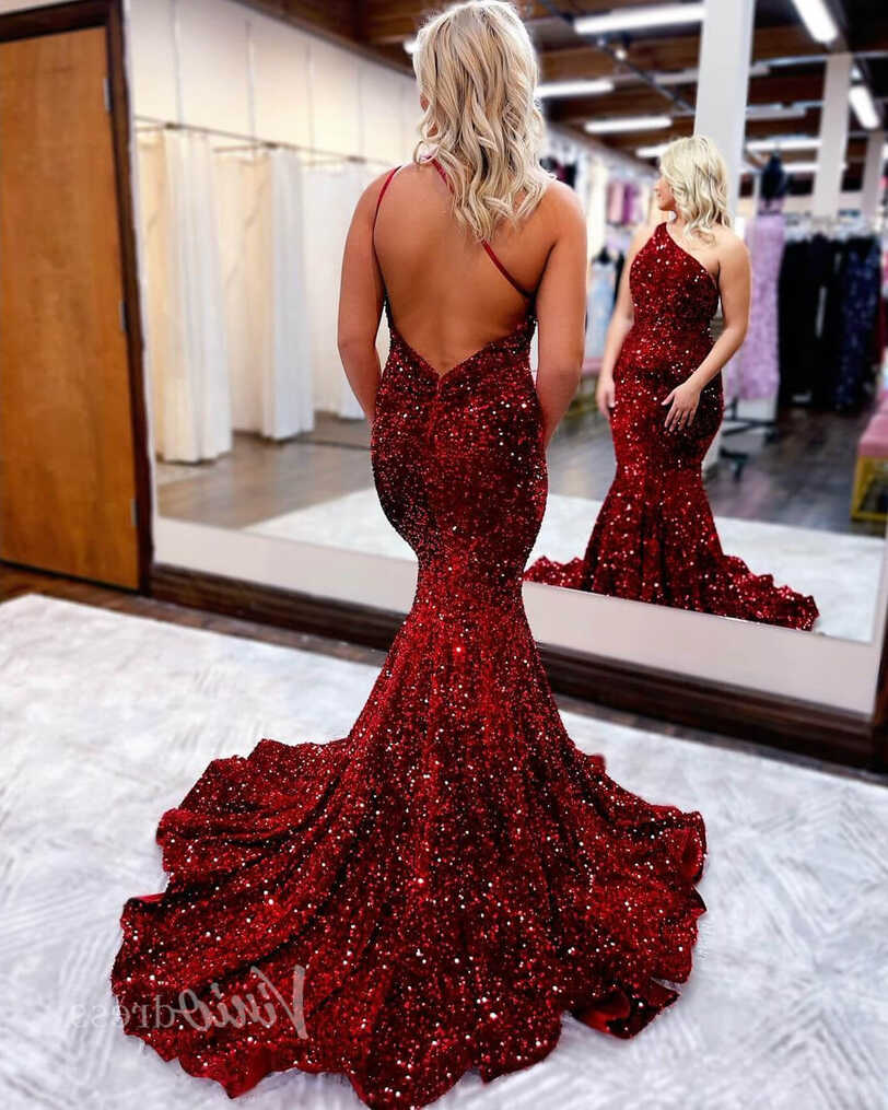 One Shoulder Burgundy Sequin Mermaid Prom Dress 2024 FD2845 ...