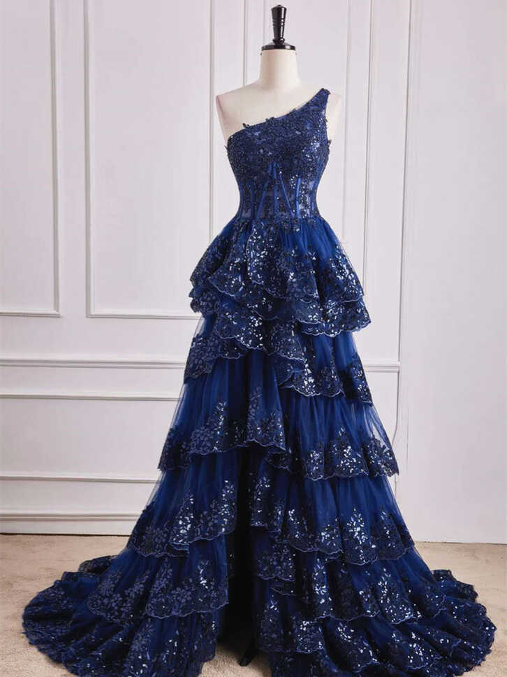 One Shoulder Dark Navy Blue Long Lace Prom Dresses, One Shoulder ...