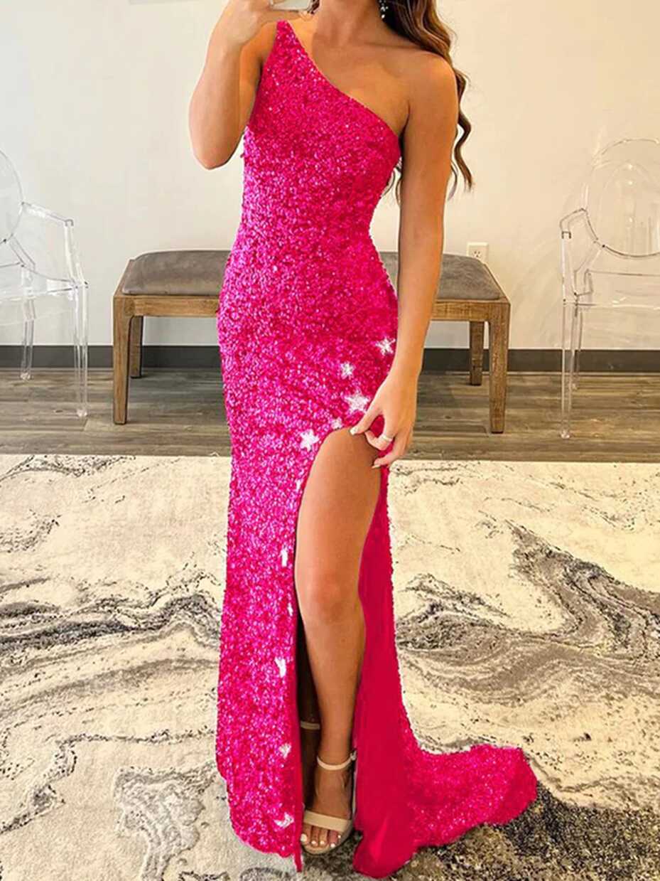 One Shoulder Hot Pink Black Prom Dresses, One Shoulder Pink Black ...