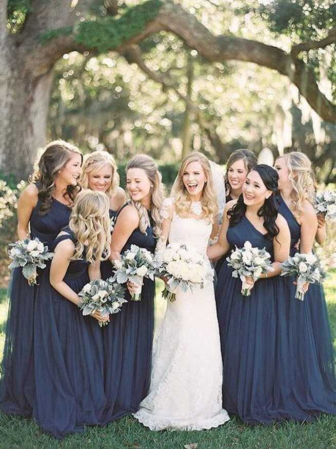 One Shoulder Navy Blue Bridesmaid Dresses Cheap Tulle Bridesamid ...