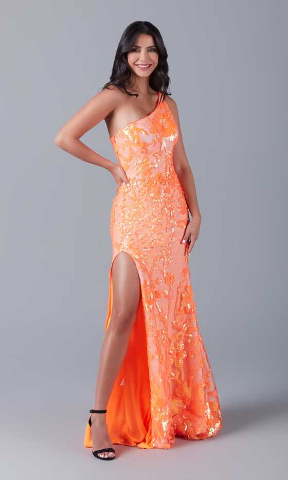 One-Shoulder Neon Sequin Long Prom Dress - PromGirl