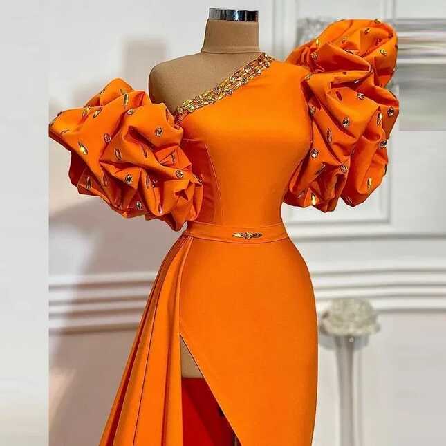 One Shoulder Orange Elegant Prom Dresses 2021 Summer Puff Short ...