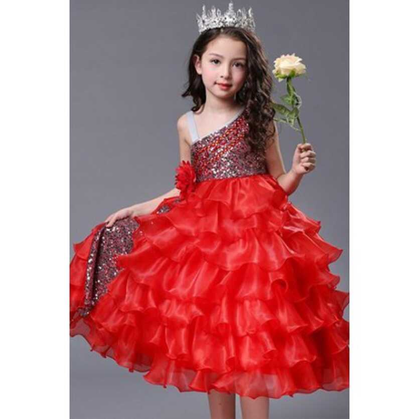 One Shoulder Organza Kids Pageant Princess Ball Red Gown | Fashion