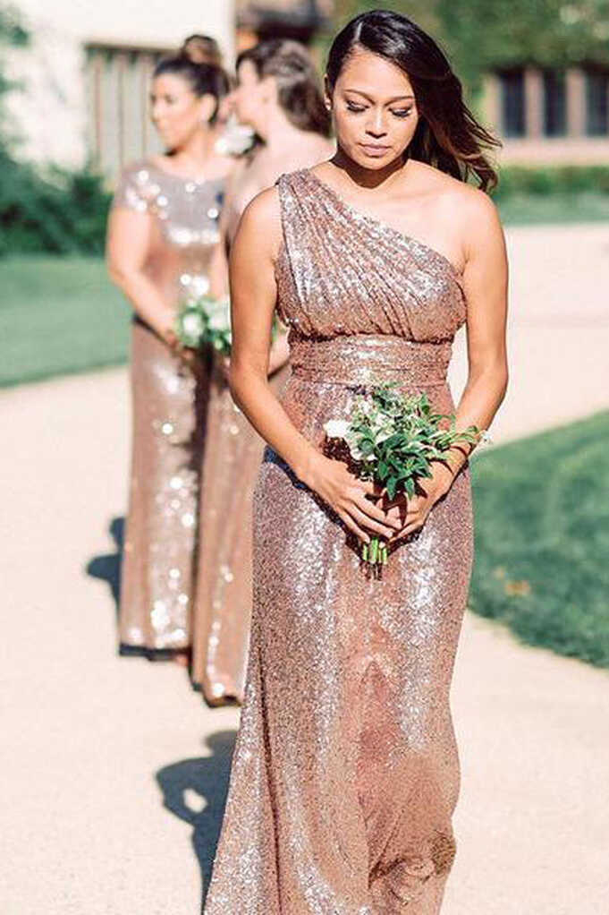 One Shoulder Rose Gold Sequins Long Bridesmaid Dress – FancyVestido