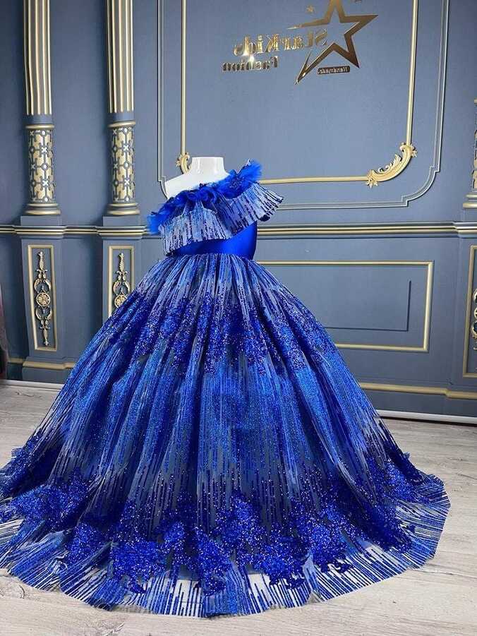 One Shoulder Royal Blue Princess Girl Dress, Blue Flower Girl ...