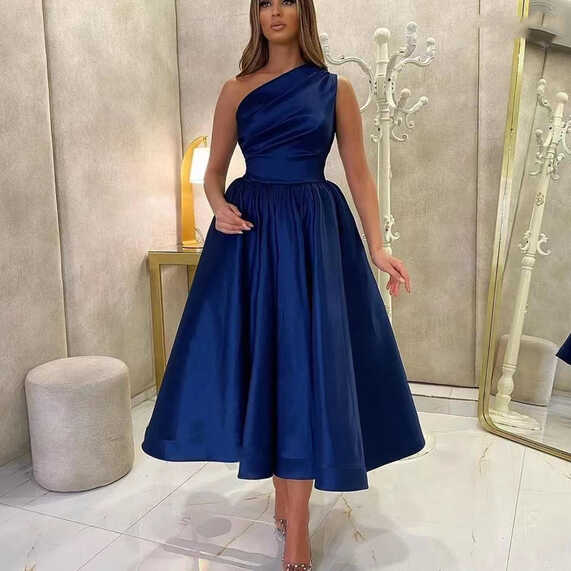 One Shoulder Royal Blue Prom Dress Tea Length A Line Evening Dress ...