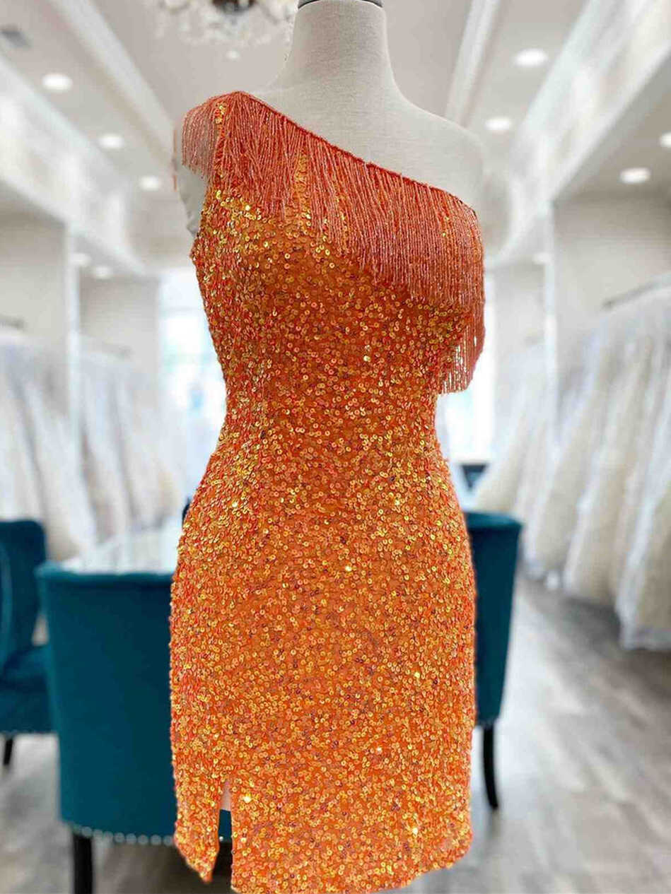 One Shoulder Short Tight Orange Blue Prom Dresses, One Shoulder ...