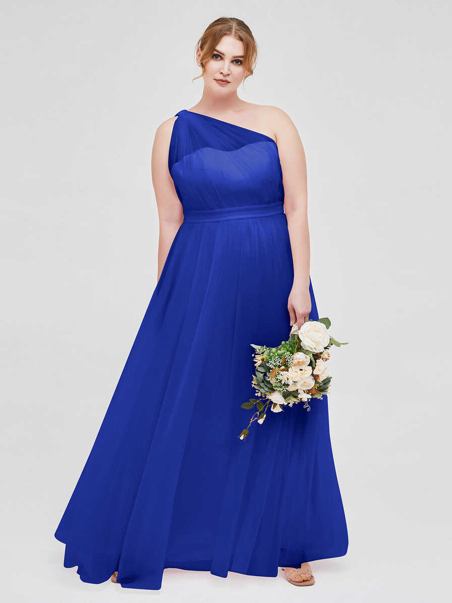 One Shoulder Tulle Long Bridesmaid Dresses Royal Blue Plus Size ...