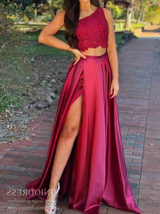 One Shoulder Two Piece Dark Red Prom Dresses with Pockets FD2031 ...