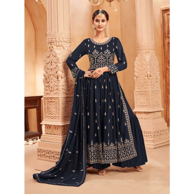 Online Shop Navy Blue Faux Georgette Embroidered Naira Cut Palazzo ...