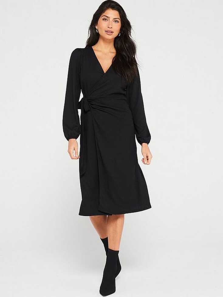 Only Merle Long Sleeve Midi Wrap Dress - Black | Very.co.uk