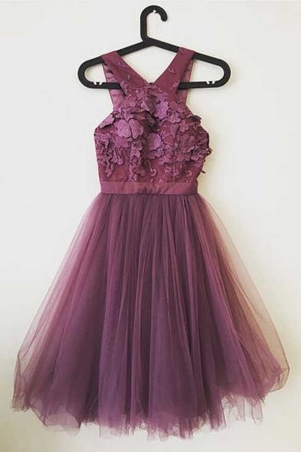 Open Back Dark Purple Lace Short Prom Dresses, Dark Purple Lace ...