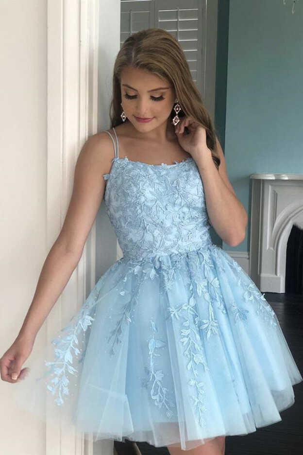 Open Back Light Blue Lace Short Homecoming Prom Dress, Light Blue ...