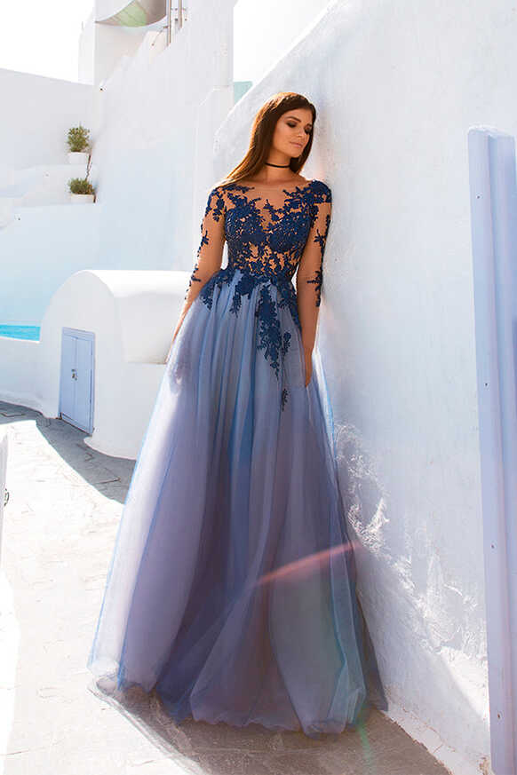 Open Back See Through Blue Lace Long Sleeve Long Prom Dress – Promnova