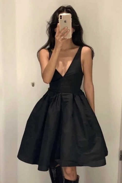 Open Back V Neck Black Satin Prom Dress, V Neck Black Homecoming ...