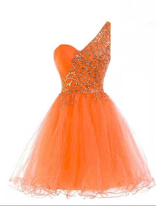 Orange A-line One-shoulder Beading Short Homecoming Dress