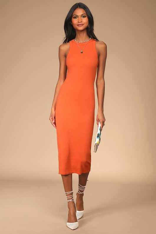 Orange Bodycon Dress - Bodycon Midi Dress - Sleeveless Bodycon - Lulus