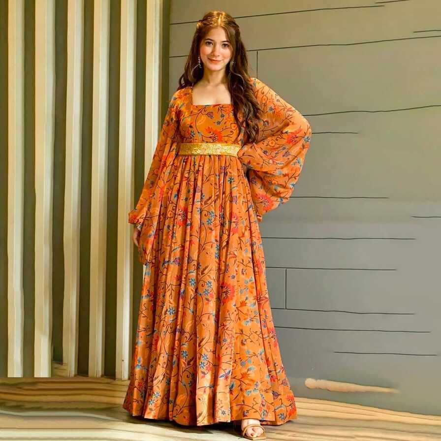 Orange Color Trendy Georgette Floral Print Women&#39;s Gown