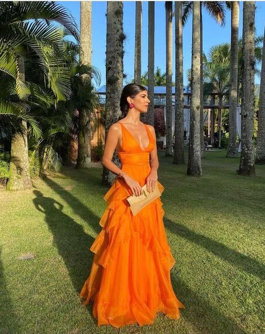 Orange Long Prom Dresses,V Neck Formal Dress Outfits – jkprom