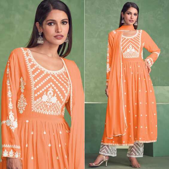 Orange Lucknowi Work Rayon Naira Cut Palazzo Suit