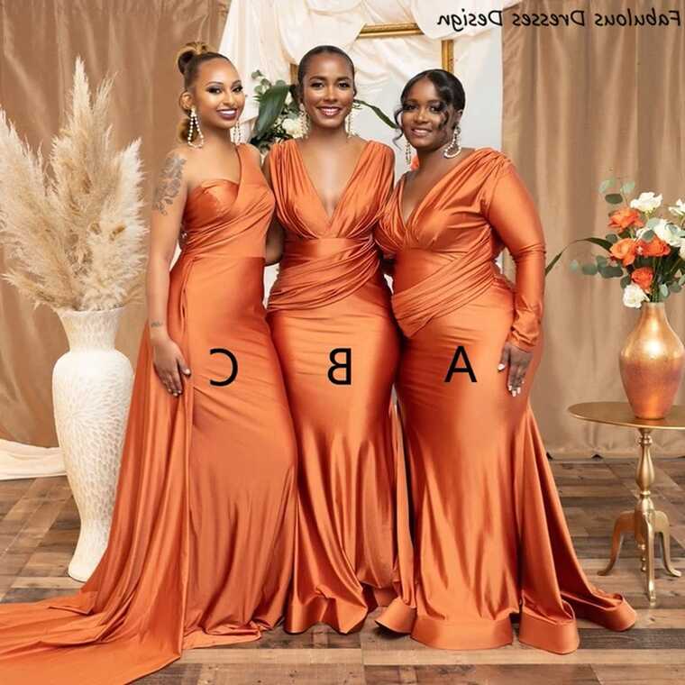 Orange Mermaid Long Bridesmaid Dresses Long Sleeve Pleat Deep V ...