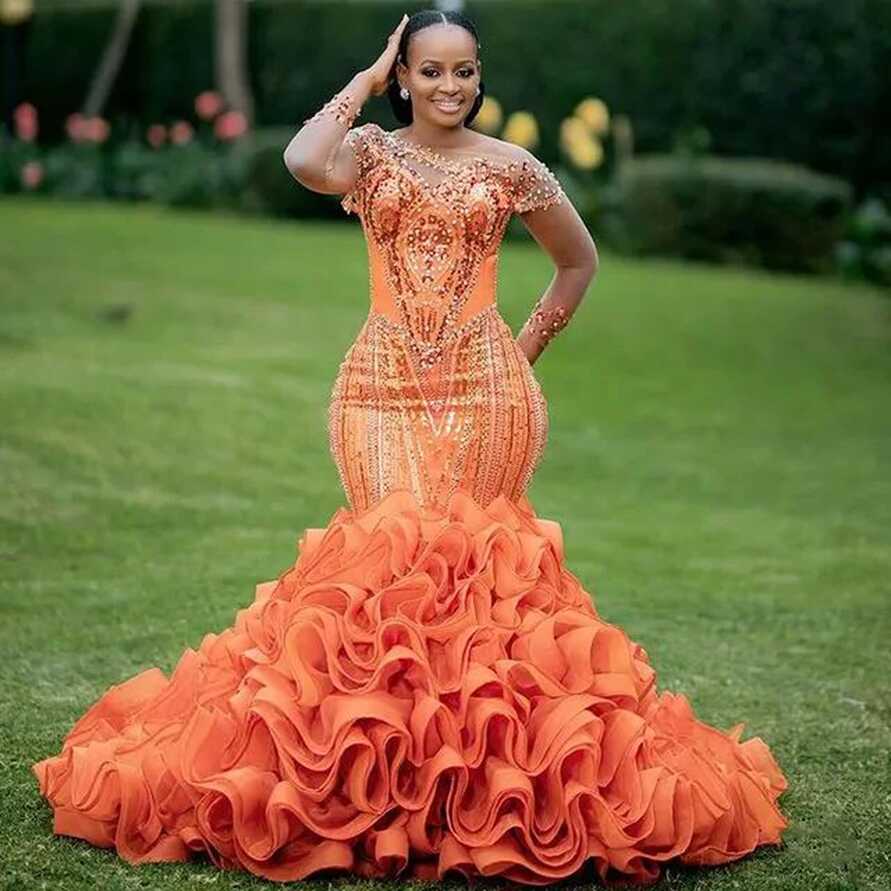 Orange Plus Size Prom Dresses For African Women Ruffles Puffy ...