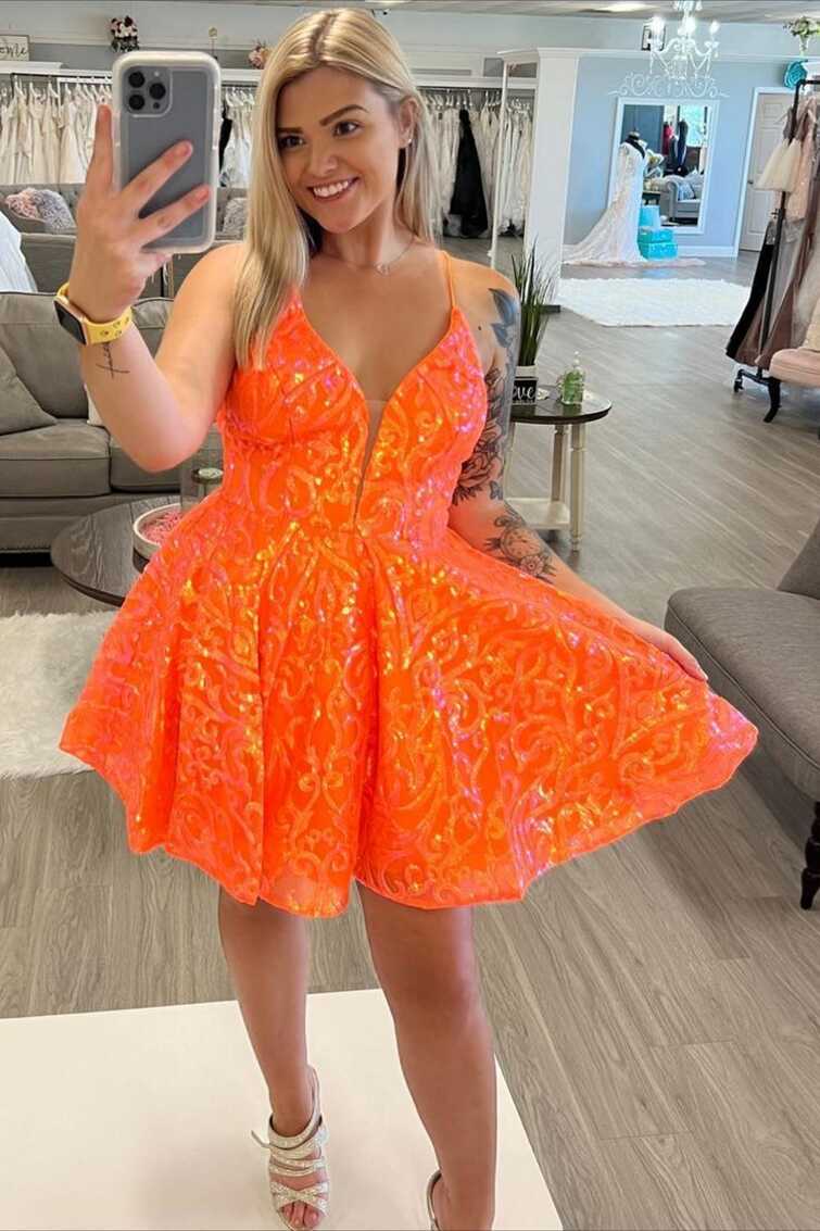 Orange Sequin Appliques Short Homecoming Dress