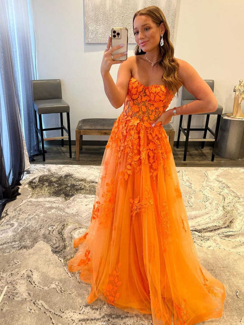 Orange sweetheart neck tulle lace long prom dress, orange formal ...