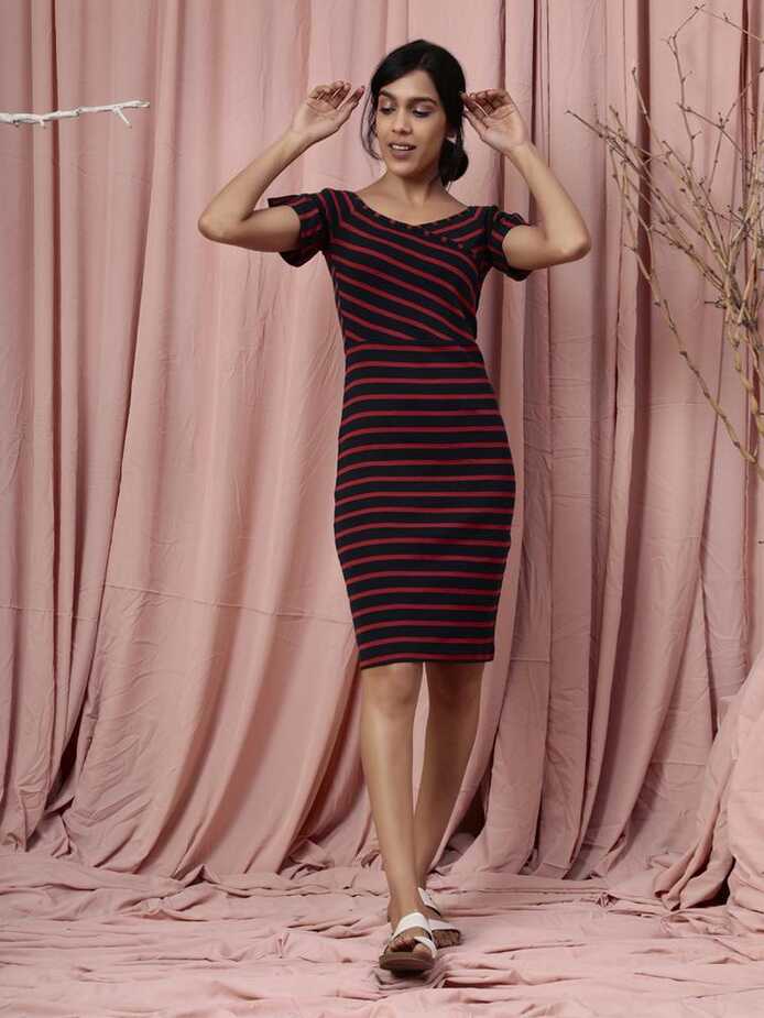 Organic Cotton Bodycon Dress with Strips- Navy Red – Shop Pro ...