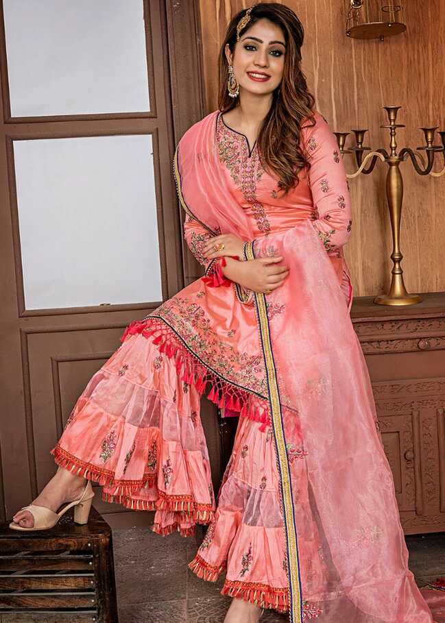 Organza Dark Peach Party Wear Indian Dresses Sharara, Packaging ...