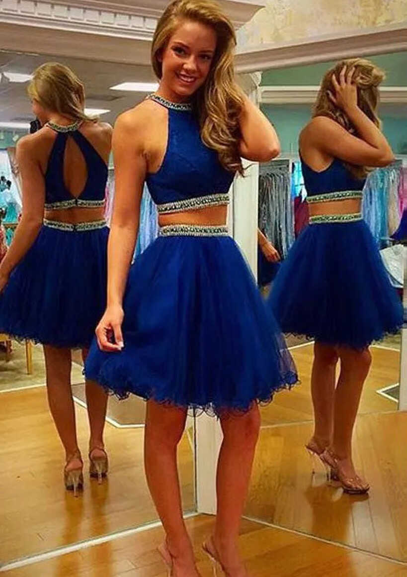 Organza Homecoming Dress Royal Blue Two Piece Short Beaded Prom ...