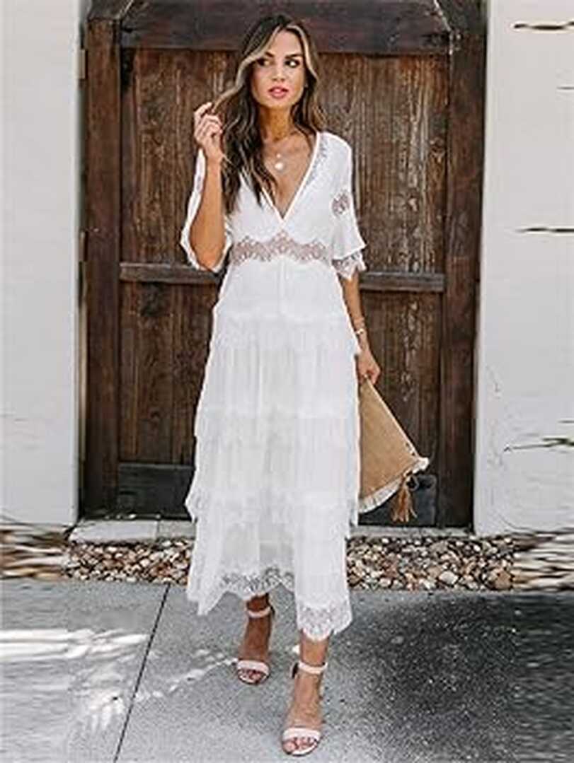 Ownwfeat Women&#39;s Long Maxi Dress Summer Lace White Boho Dress ...