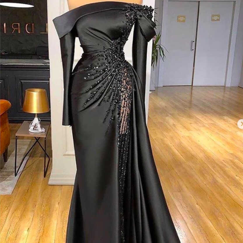 P3649 Black Prom Dresses 2021, One Shoulder Prom Dresses, Feather ...