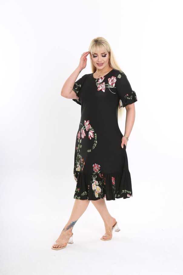 POLİXİM Polixim Large Size Black Floral Print Ruffle Short Sleeve ...