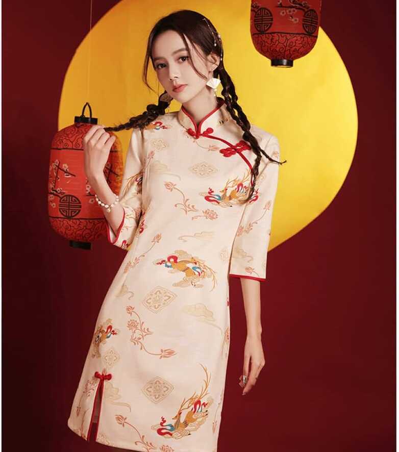 PONERY Womens Chinese Dress - Beige Women Cheongsam Floral Chinese ...