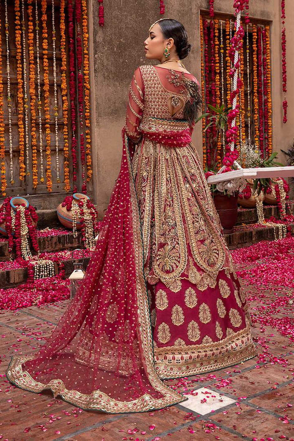 Pakistani Long Tail Red Bridal Maxi Dress with Dupatta Online ...