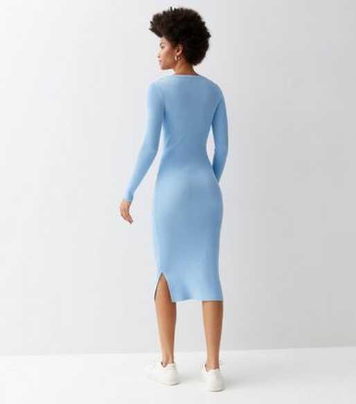 Pale Blue Ribbed Knit Crew Neck Long Sleeve Midi Bodycon Dress ...