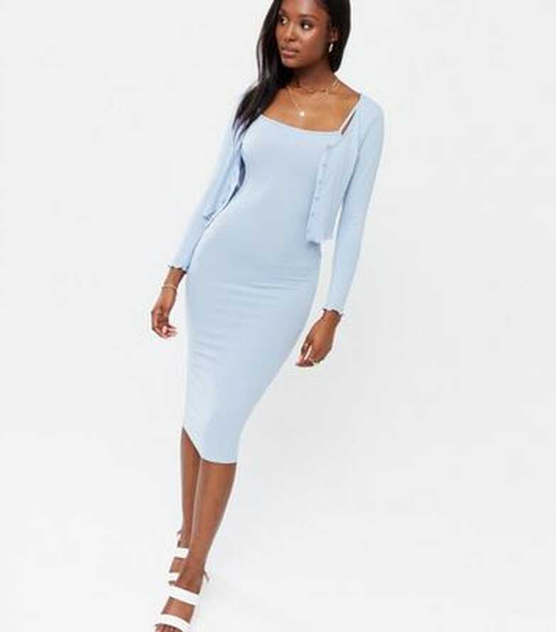 Pale Blue Ribbed Strappy Midi Dress and Cardigan Set | New Look