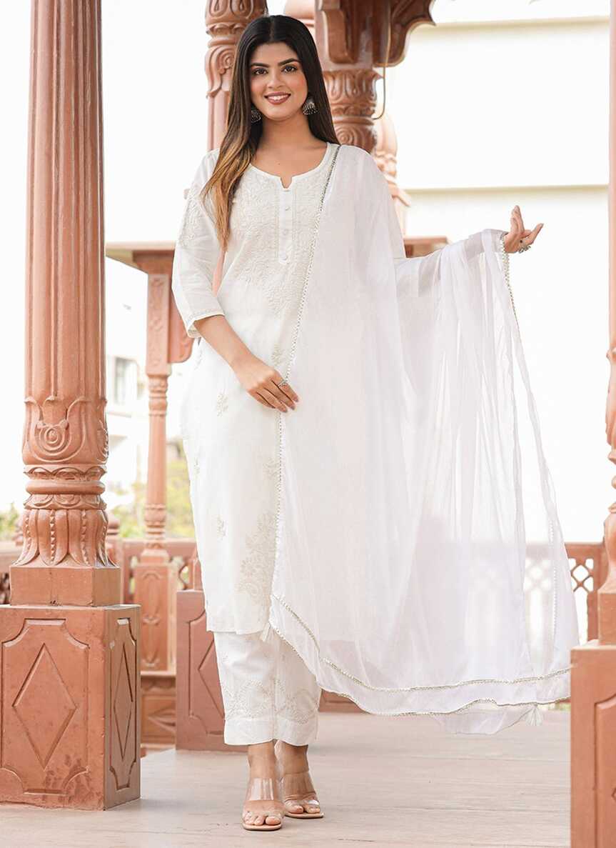 Pant Style Suit Cotton Off White Lucknowi Work Salwar Kameez ...