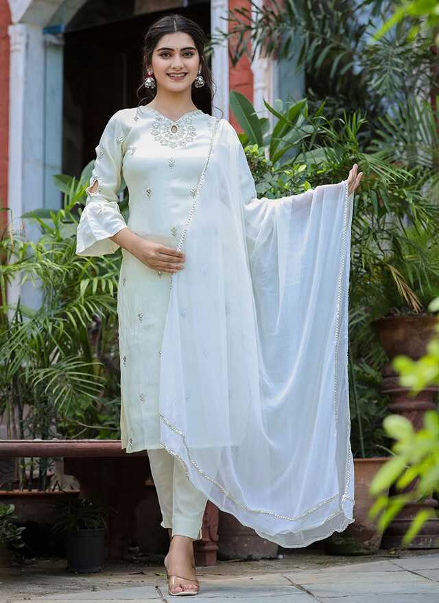 Pant Style Suit Silk White Embroidered Salwar Kameez – Kajols ...