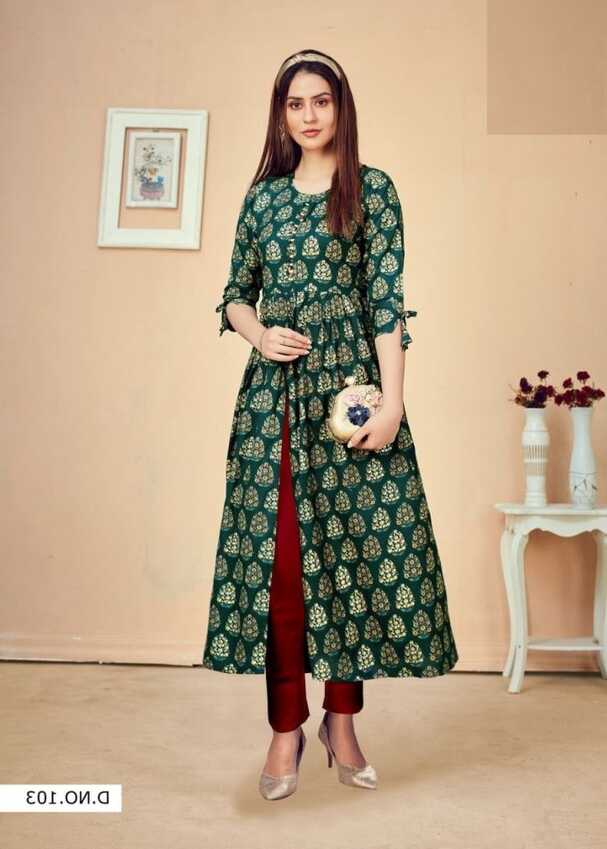 Pari Vol 3 14 Kg Rayon Print Fancy Long Kurtis Green Color DN 103