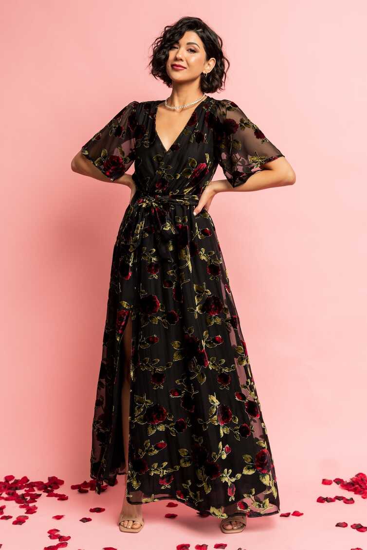 Parisian Velvet Maxi Dress | Black Rose Floral | Baltic Born