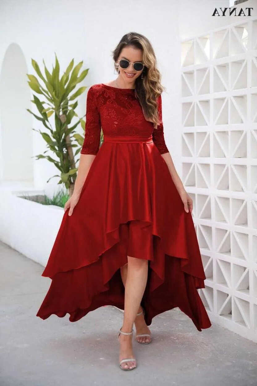 Party Dresses Short Front Long Back Prom Half Sleeves Two Tiered ...