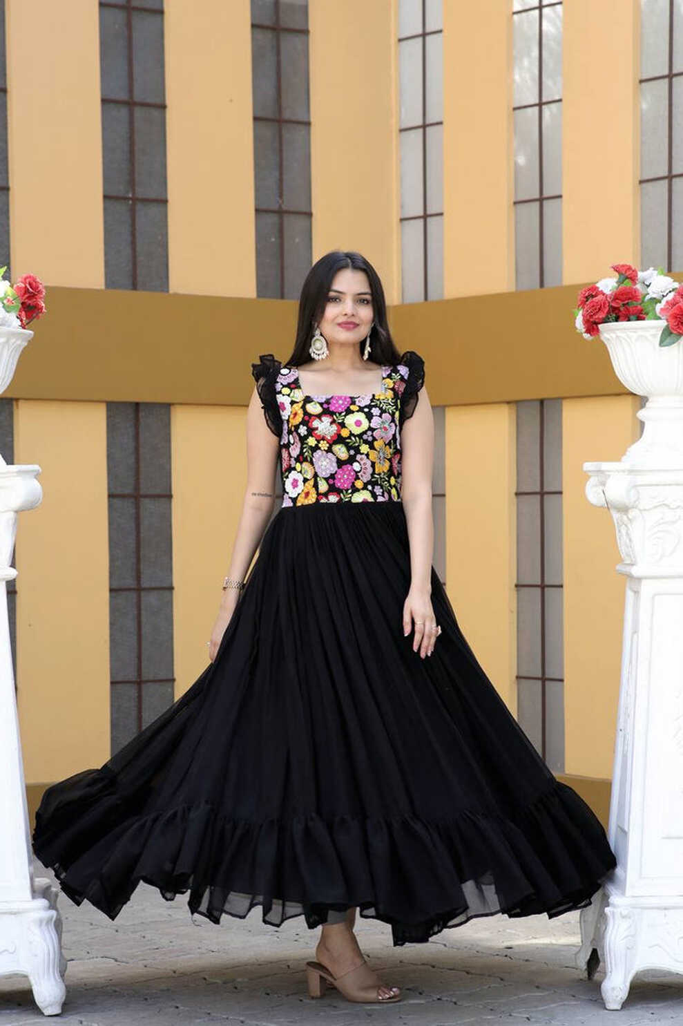 Party Wear Black Color Embroidered work Gown - Clothsvilla