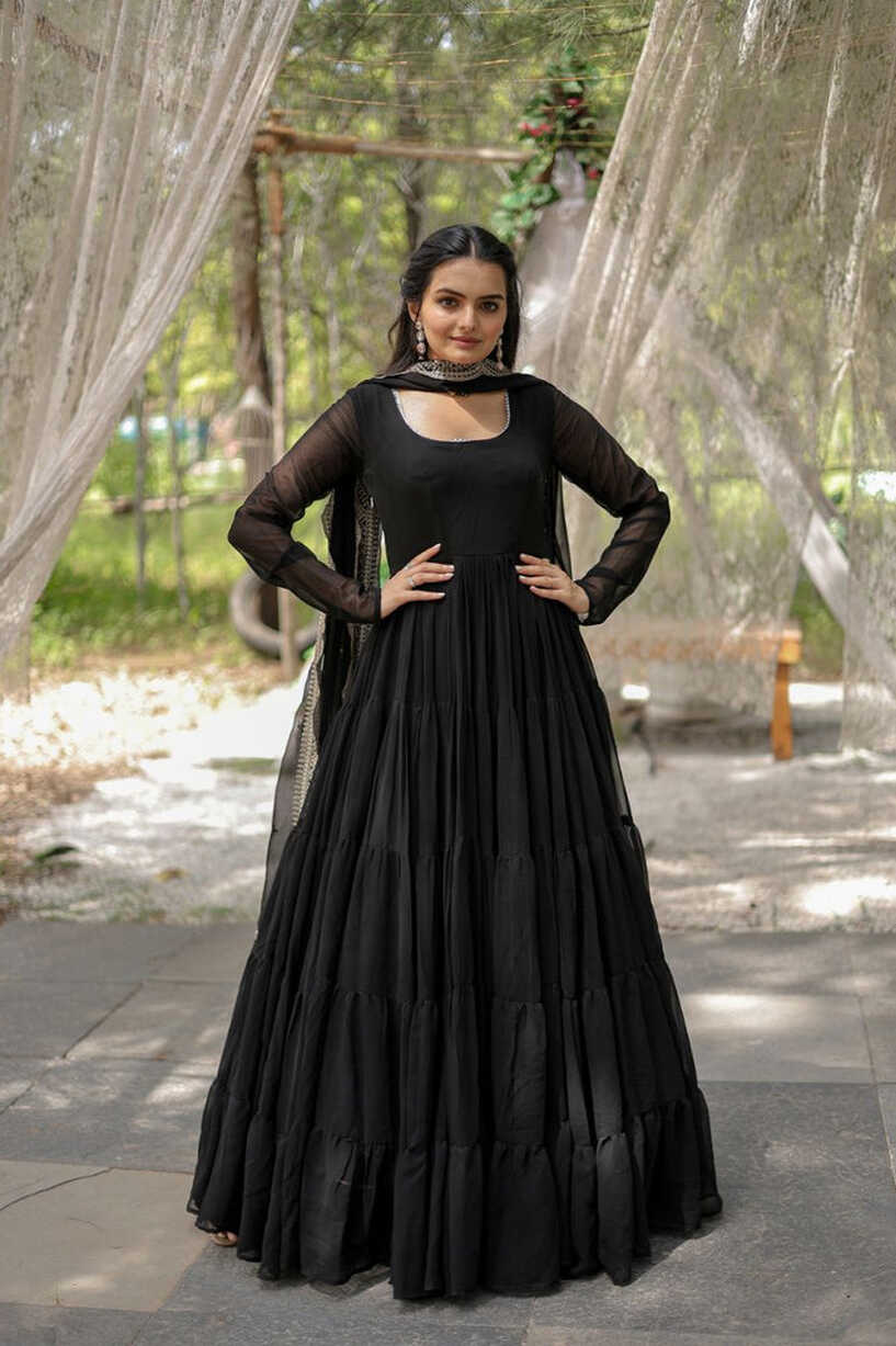 Party Wear Black Color Plain Long Gown With Dupatta – subhvastra